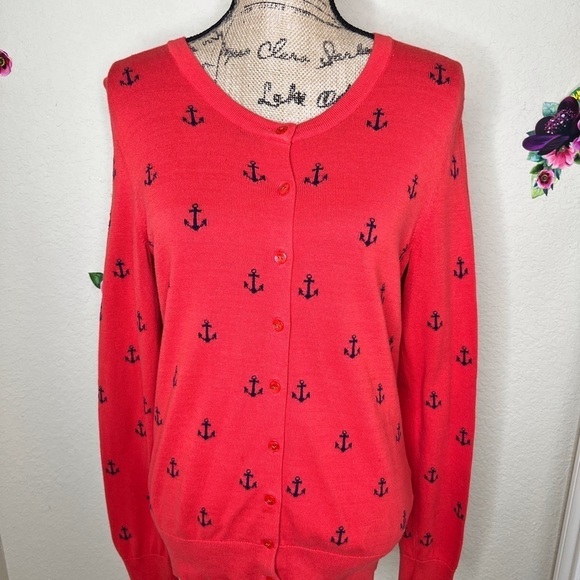 Tommy Hilfiger Button Down Red-Orange with Navy Anchors Sweater Cardigan Size M - Picture 3 of 8
